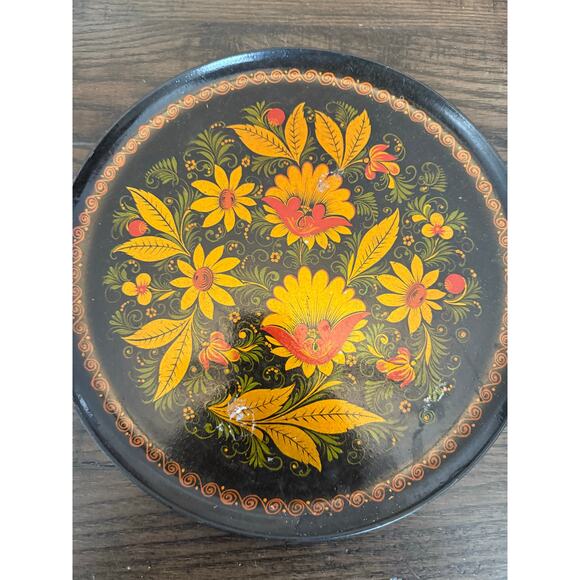 Vintage Hand Painted Russian Folk Art 10.5” Round Plastic Tray - Picture 4 of 6